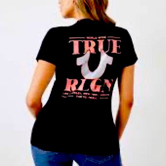 True Religion Tops - True Religion Women GLITTER WORLD WIDE LOGO TEE XS NWT Black/Orange
